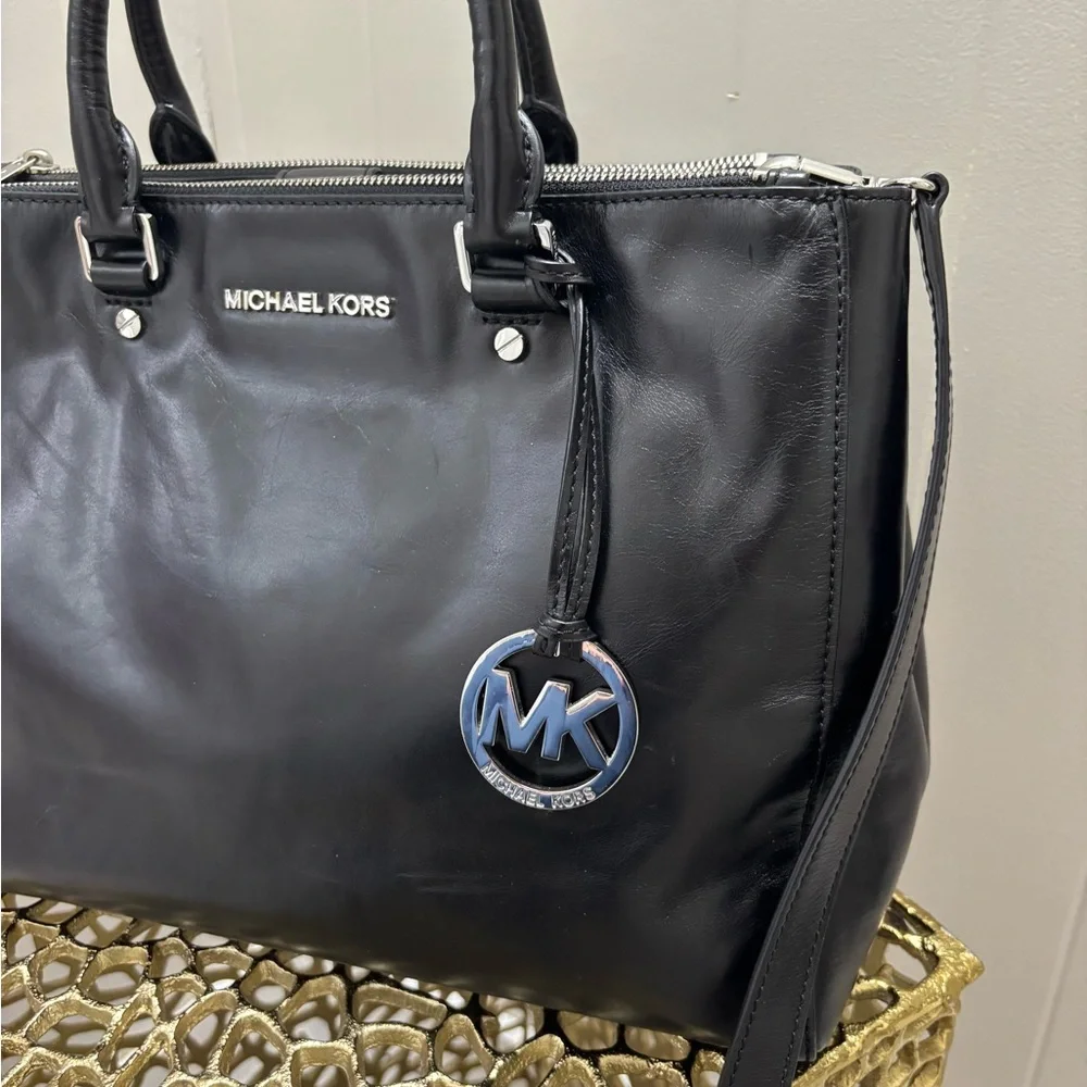 Michael Kors Black Leather Tote with Silver Charm
